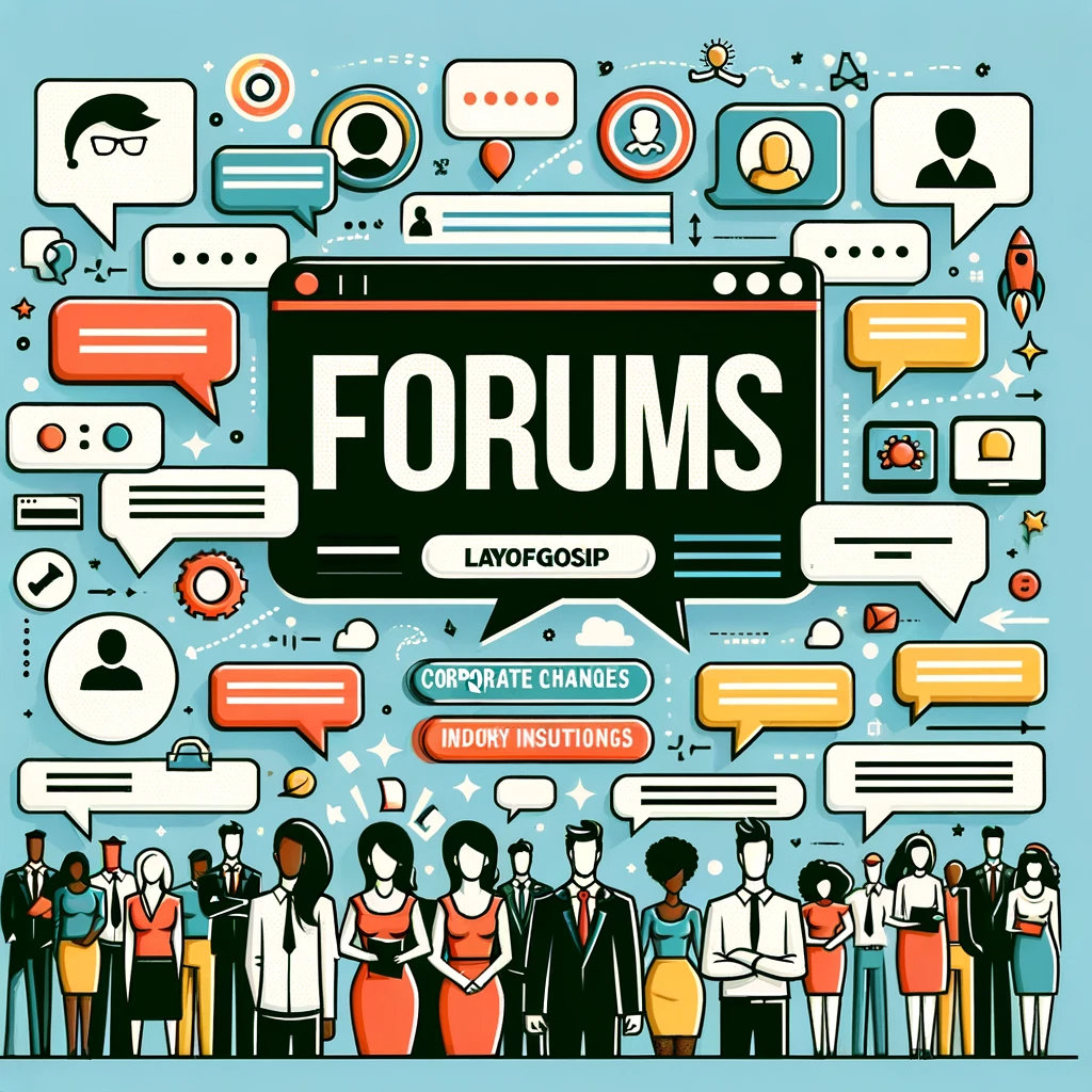 The image created for the 'Forums' section of LayoffGossip.com depicts an online community forum atmosphere.