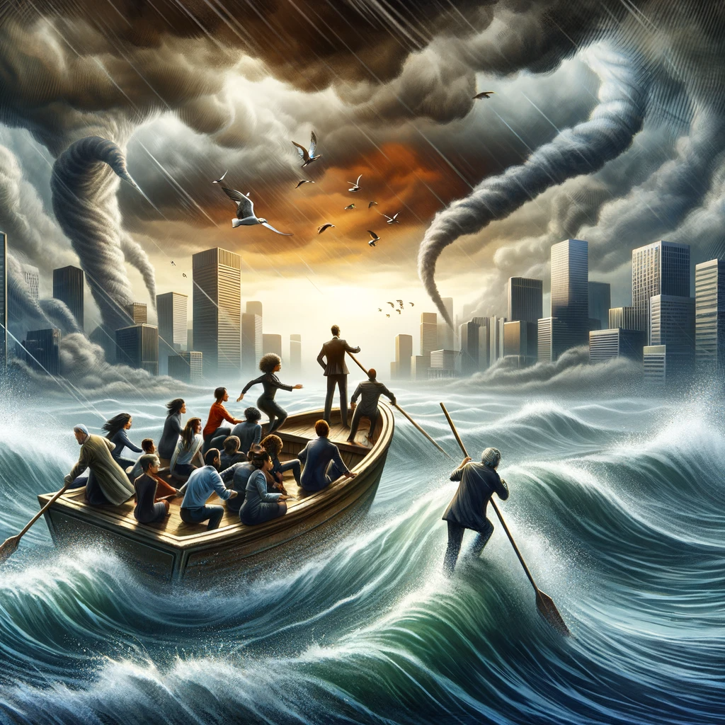 A conceptual image depicting diverse employees in a boat on stormy seas, symbolizing the impact of layoff rumors on employee well-being and productivity.