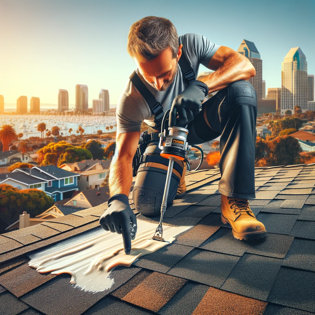 A roofing specialist applying high-tech patch material for a quick repair on a residential roof in San Diego.