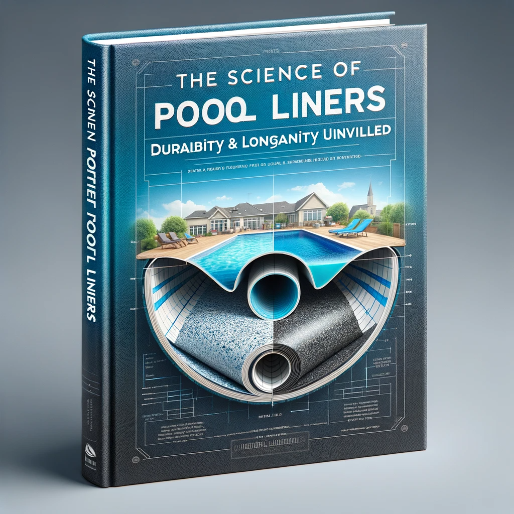 Book cover featuring a split-view of a Merlin pool liner, with one side showing the texture and material for durability, and the other showing a long-lasting, pristine pool.