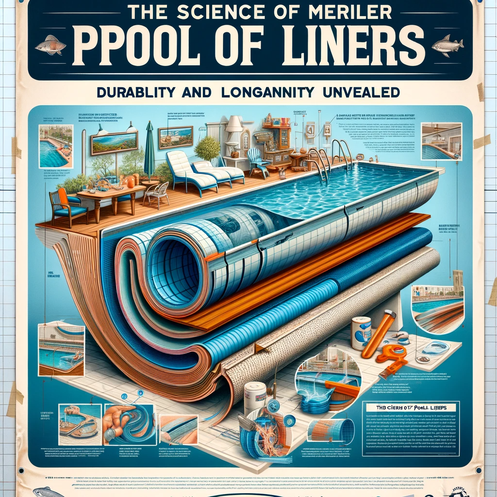 Advertisement poster showing a cross-sectional view of a Merlin pool liner's multiple layers, and images of pools with liners demonstrating long-lasting quality.