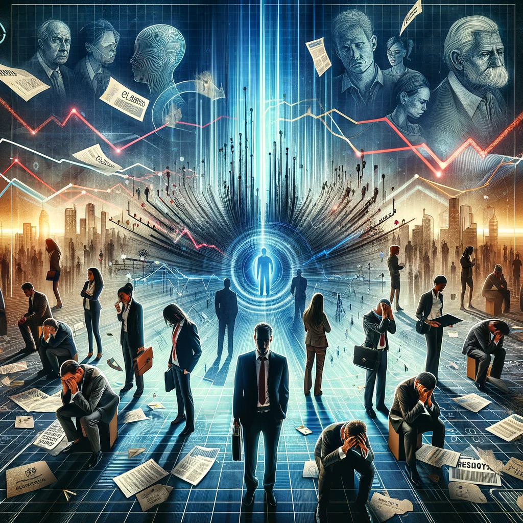 An abstract image depicting the impact of layoffs on the economy, with diverse people showing varied emotions, symbolic elements like falling graphs and closed businesses, and background images of policymakers and economic analysts.
