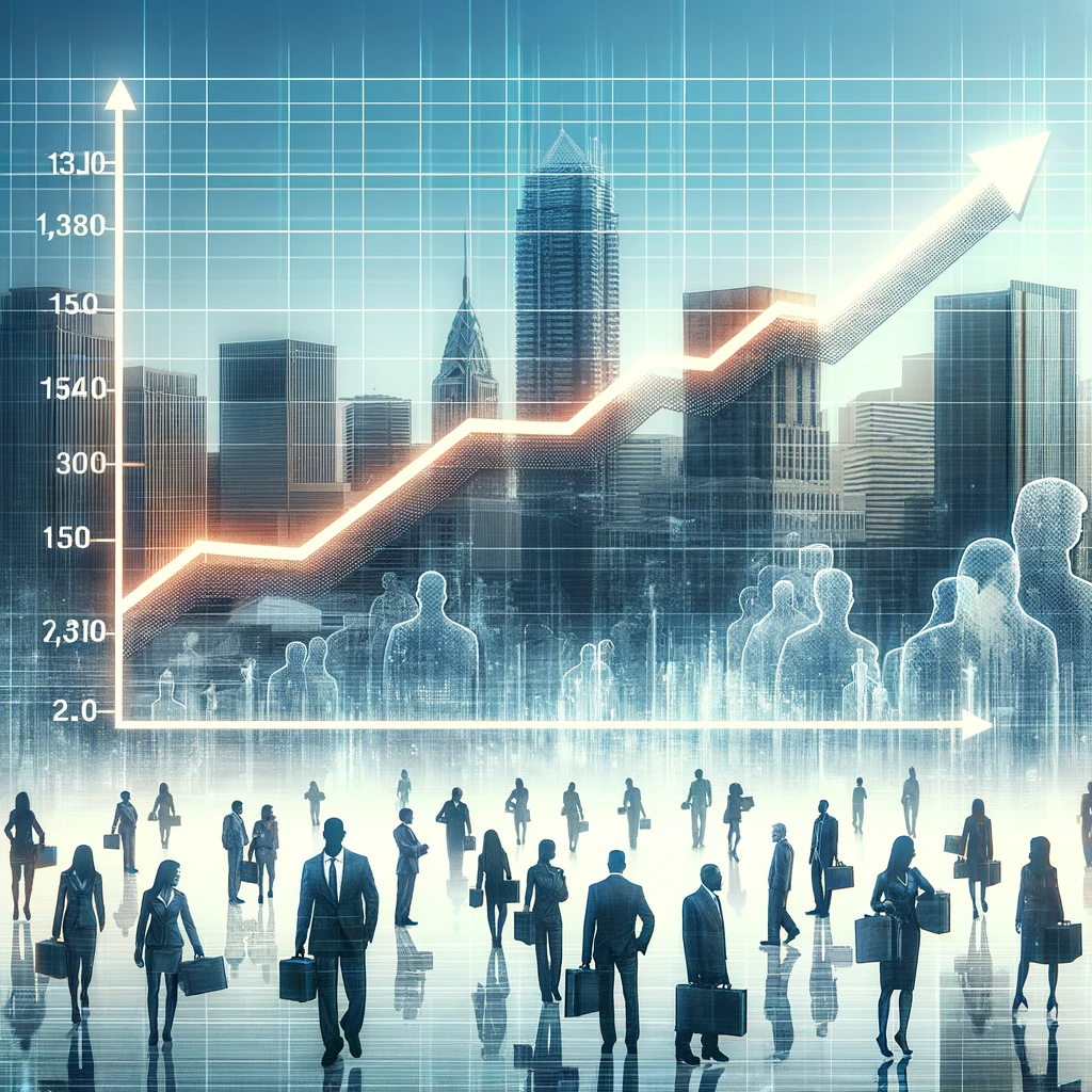 An image showing a cityscape with a transparent graph indicating rising unemployment rates, and diverse professionals in transition, some carrying belongings.