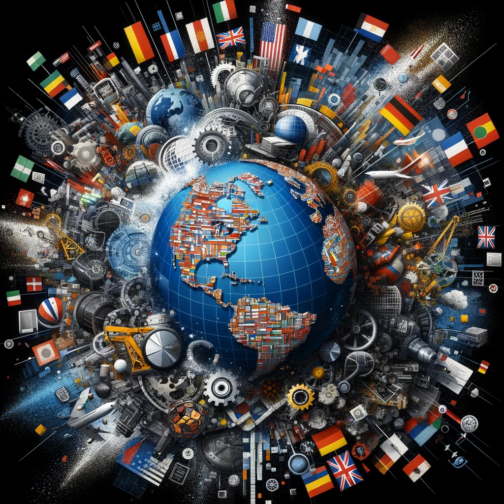 Globalization's impact on the workforce depicted through a globe with national flags and industry symbols.