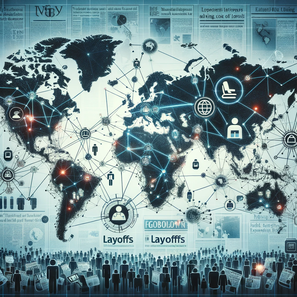 World map with interconnected lines and industry icons, showing the global impact of layoffs with 'Layoff News' headlines.